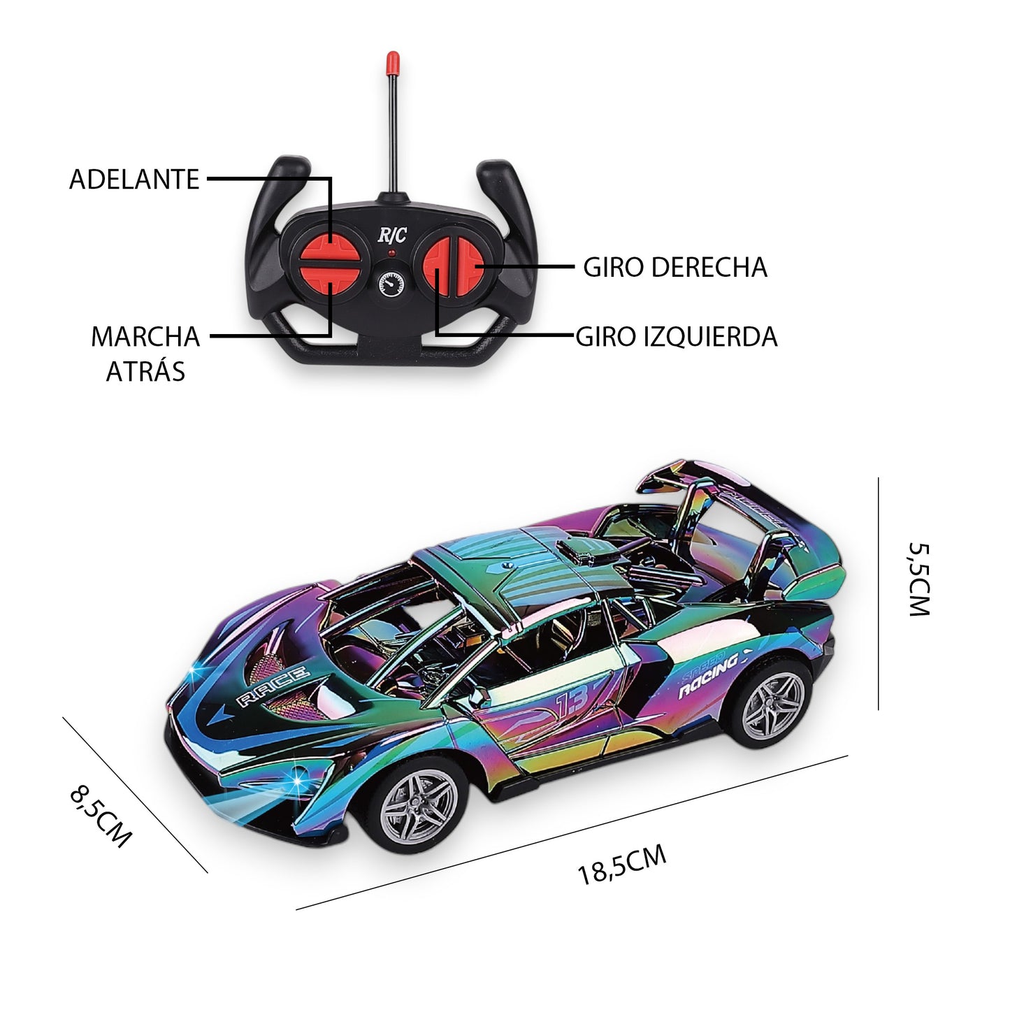 Coche Superdeportivo Radiocontrol Cromado Multicolor con Luces Escala 1:20