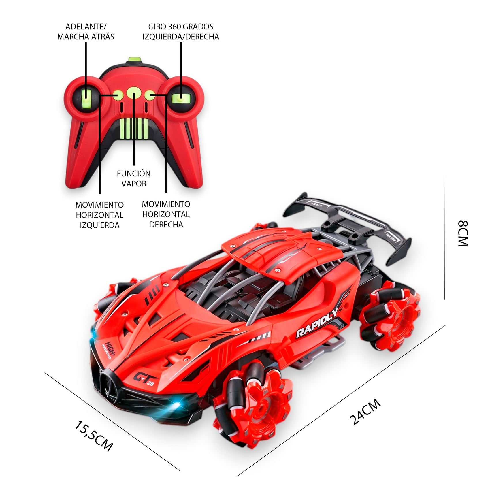 Coche Radiocontrol Movimiento 360 Grados con Luces y Función de Vapor