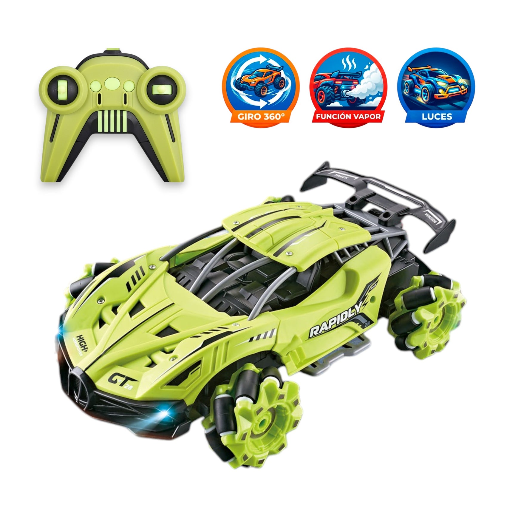 Coche Radiocontrol Movimiento 360 Grados con Luces y Función de Vapor