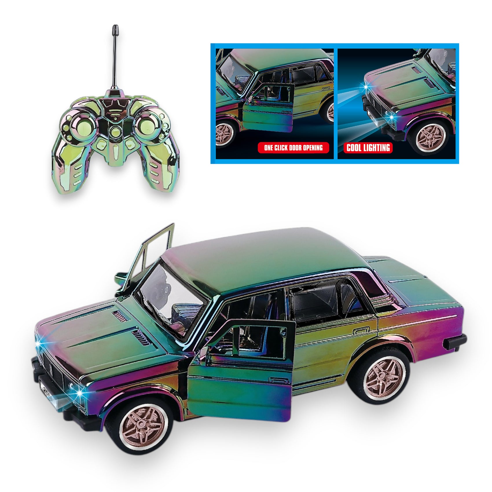 Vintage-Funkauto, mehrfarbig verchromt, mit automatischen Türen und Lichtern, Maßstab 1:16