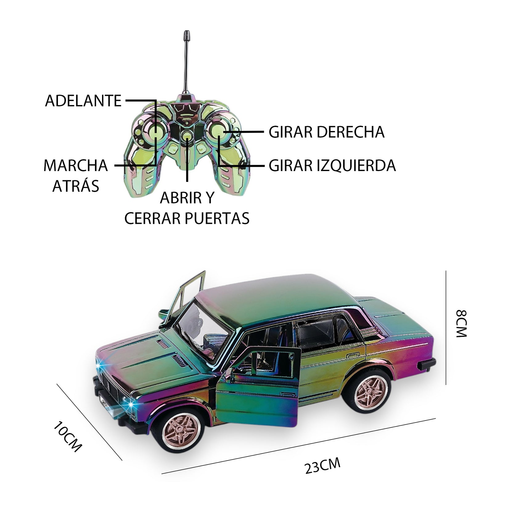 Vintage-Funkauto, mehrfarbig verchromt, mit automatischen Türen und Lichtern, Maßstab 1:16