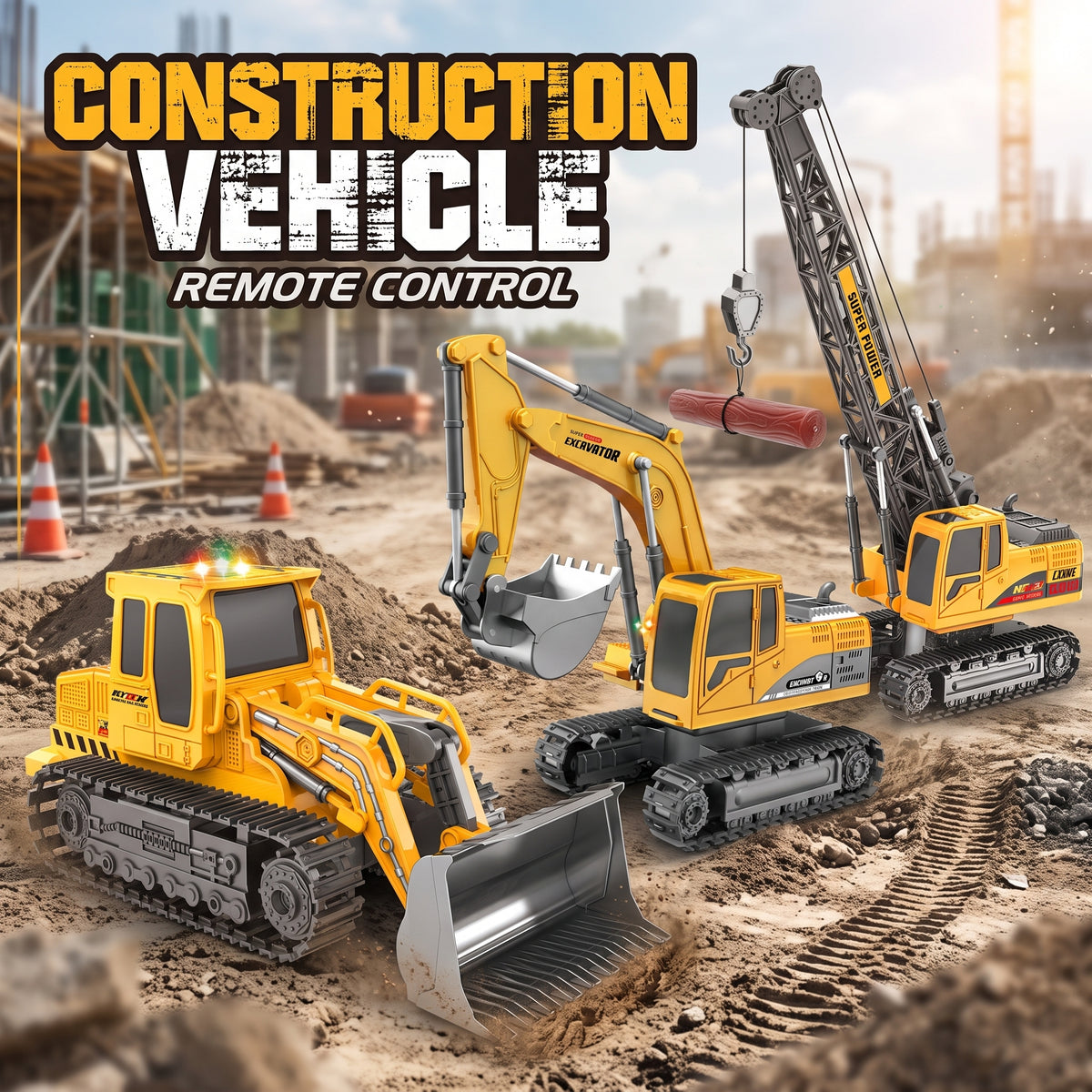 Bulldozer télécommandé avec lumières et musique
