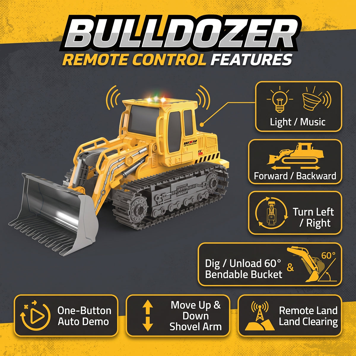 Bulldozer télécommandé avec lumières et musique