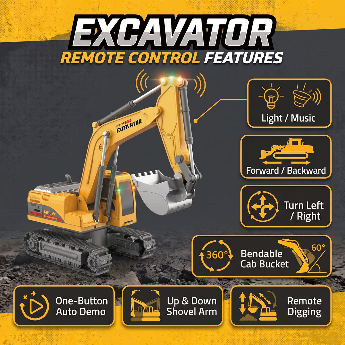Bulldozer télécommandé avec lumières et musique