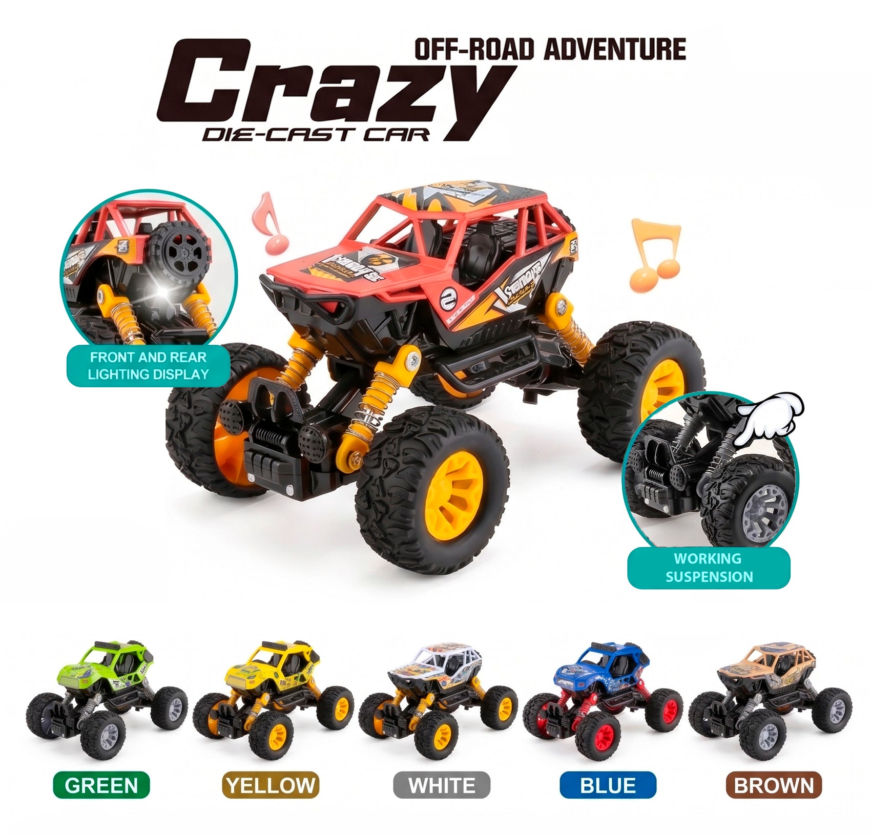 Coche Todoterreno de Metal de Fricción Pullback Buggy 4x4 con Suspensión Real de Resorte Luces LED y Sonido para Niños