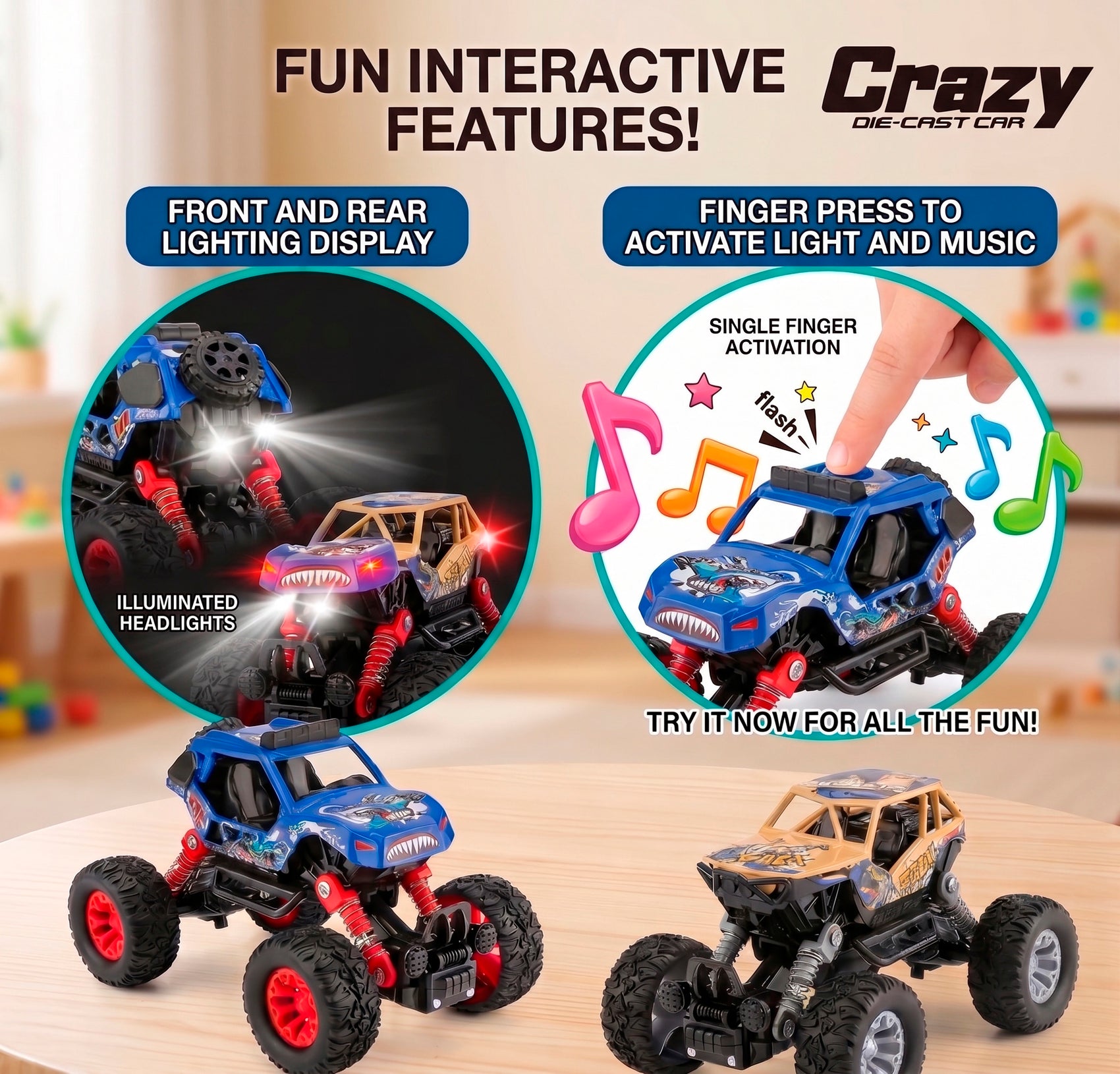 Coche Todoterreno de Metal de Fricción Pullback Buggy 4x4 con Suspensión Real de Resorte Luces LED y Sonido para Niños