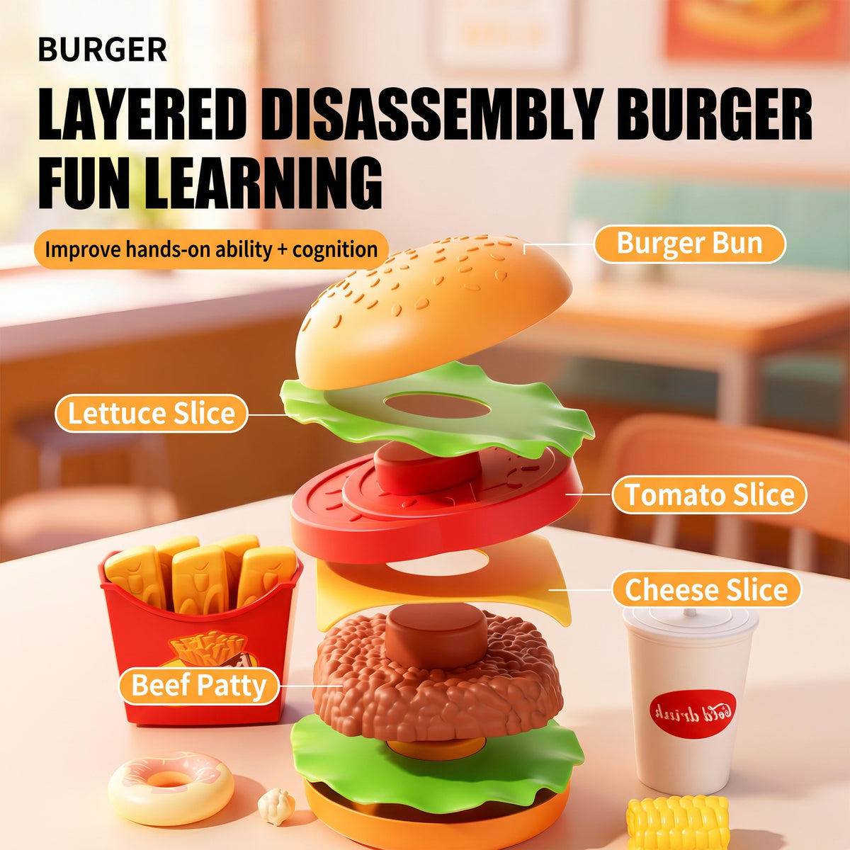 Set de 99 piezas Comida Rápida de Juguete con Hamburguesa Gigante para Guardar Alimentos de Juguete para Cortar para Niños
