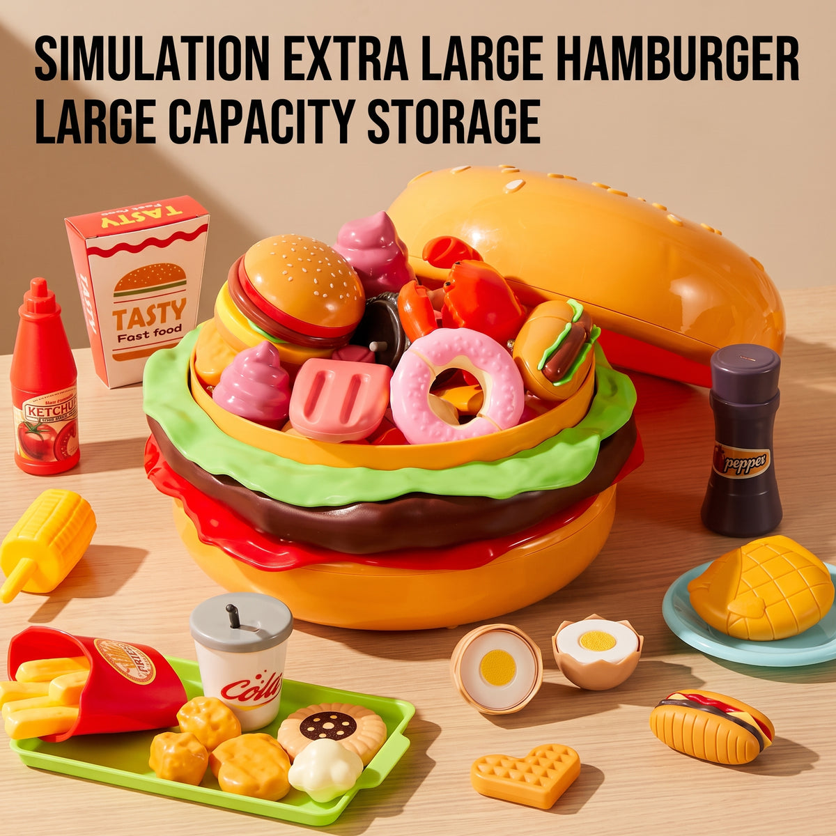 Set de 99 piezas Comida Rápida de Juguete con Hamburguesa Gigante para Guardar Alimentos de Juguete para Cortar para Niños