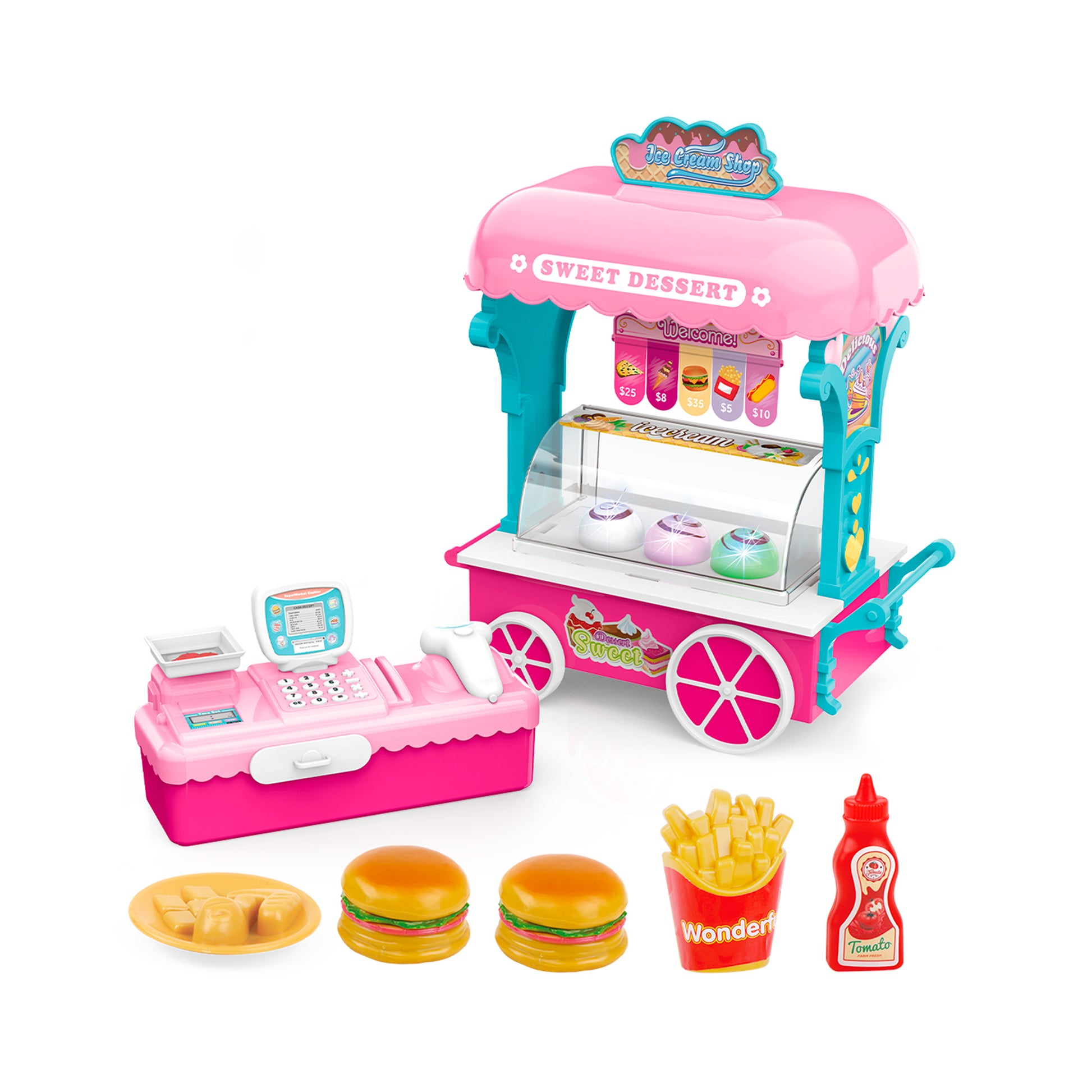 Carrito helados y hamburguesas con caja registradora y accesorios Newplay - juguete eléctrico