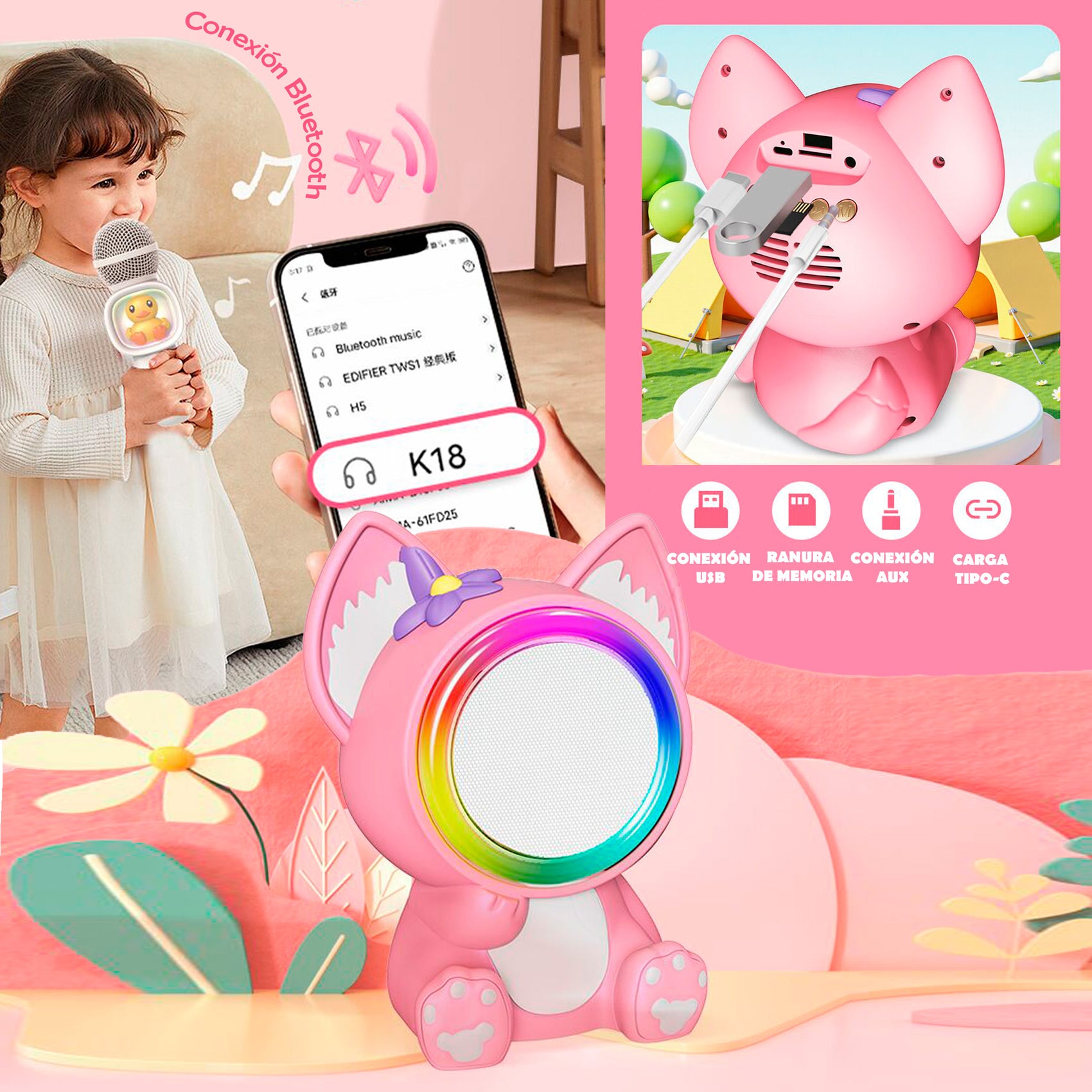 Set de Karaoke Ahri con Altavoz Bluetooth Micrófono Luces RGB y Música