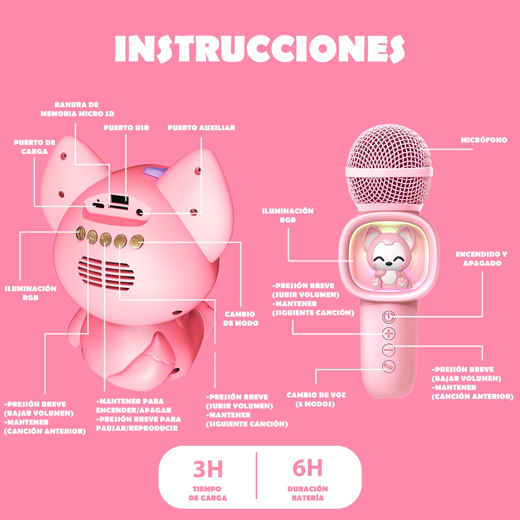 Set de Karaoke Ahri con Altavoz Bluetooth Micrófono Luces RGB y Música