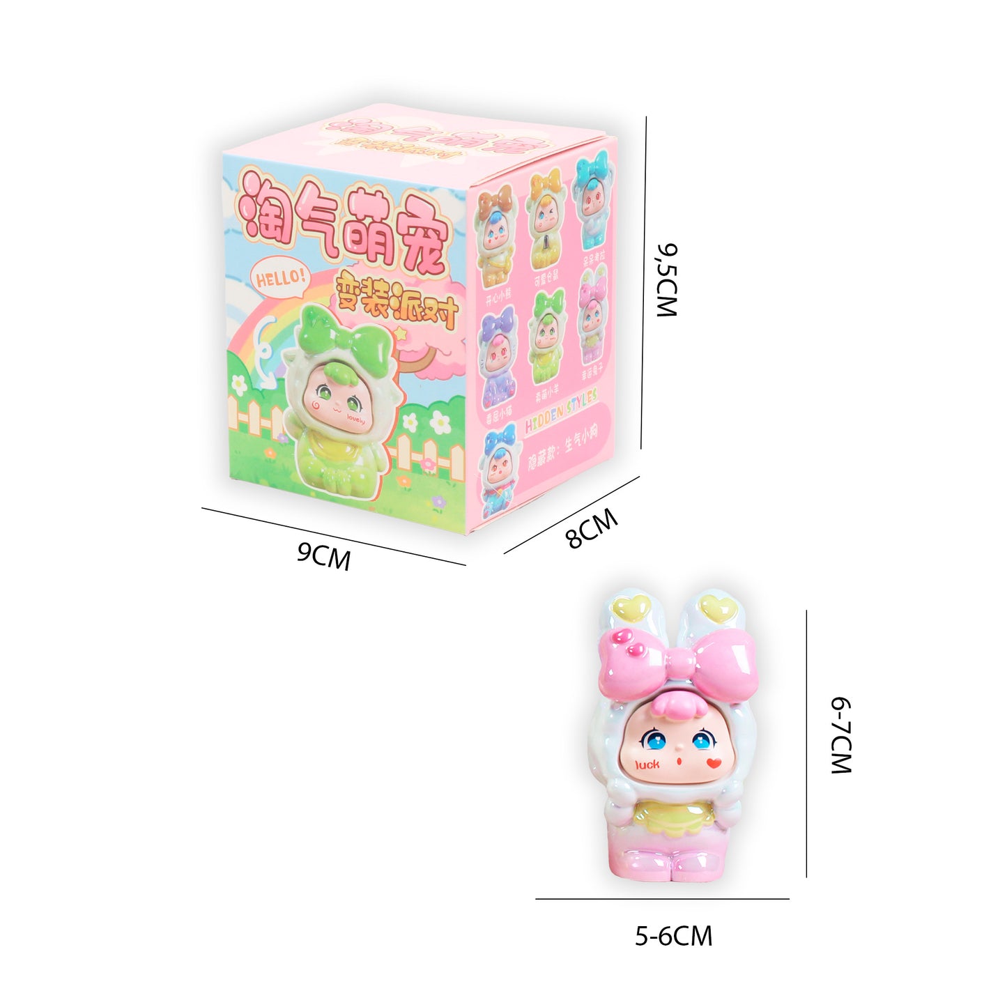 Dimensiones blind box Mascotas Rongrong Newplay - medidas figura y caja