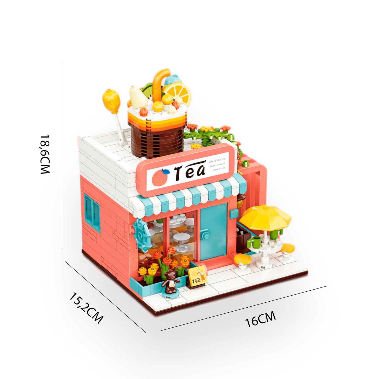 Dimensiones bloques construcción Tea Shop 614 piezas Newplay - medidas producto armado