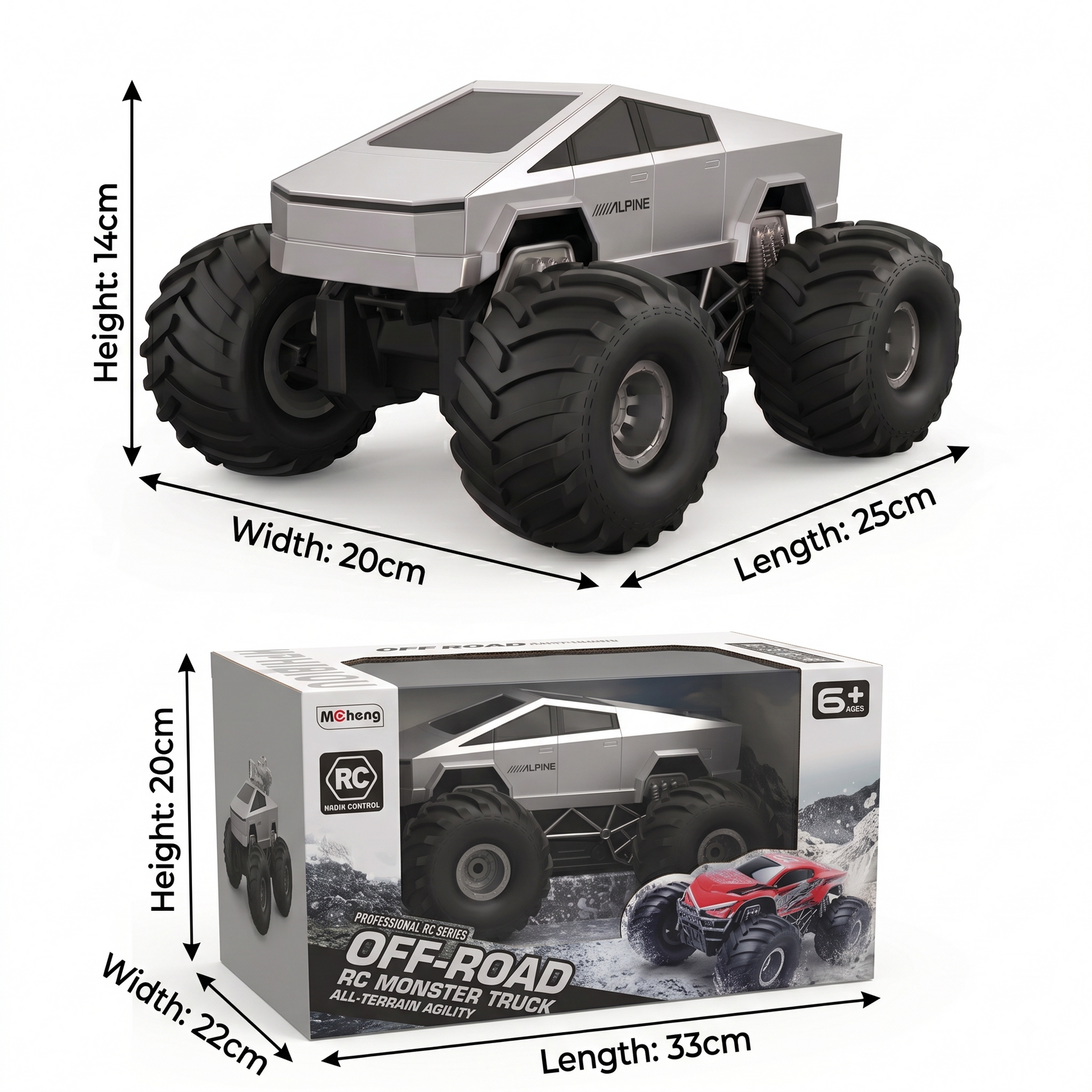 Coche Teledirigido 4x4 Estilo Cyber Monster Truck Radiocontrol Todoterreno con Luces LED Batería Recargable para Niños y Adultos
