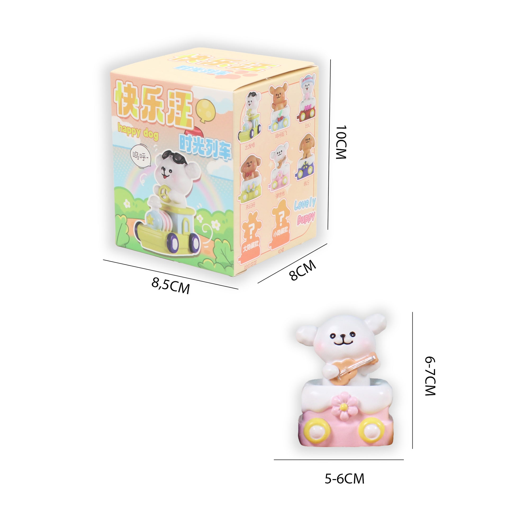 Dimensiones blind box Happy Dog trenecito Newplay - medidas figura y caja