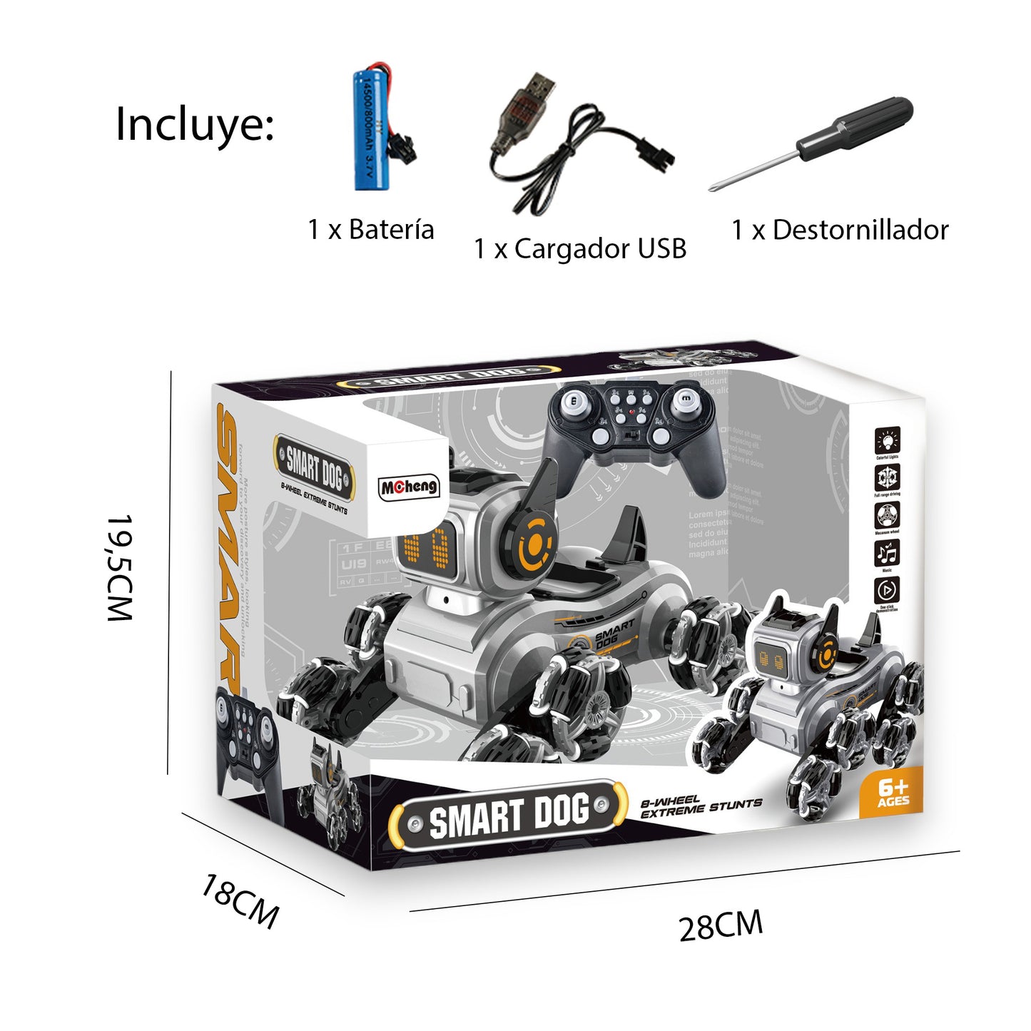 Perro Robot Acrobático Inteligente Omnidireccional Control Remoto con Luces y Música