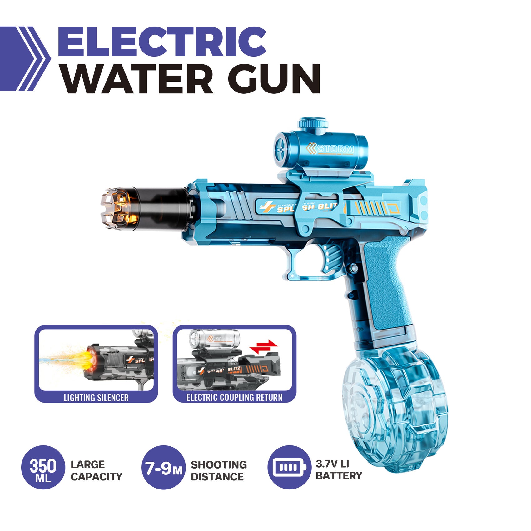 Wiederaufladbare automatische elektrische Wasserpistole, blau, 350 ml, 9 m Reichweite, mit Lichtern für Kinder und Erwachsene