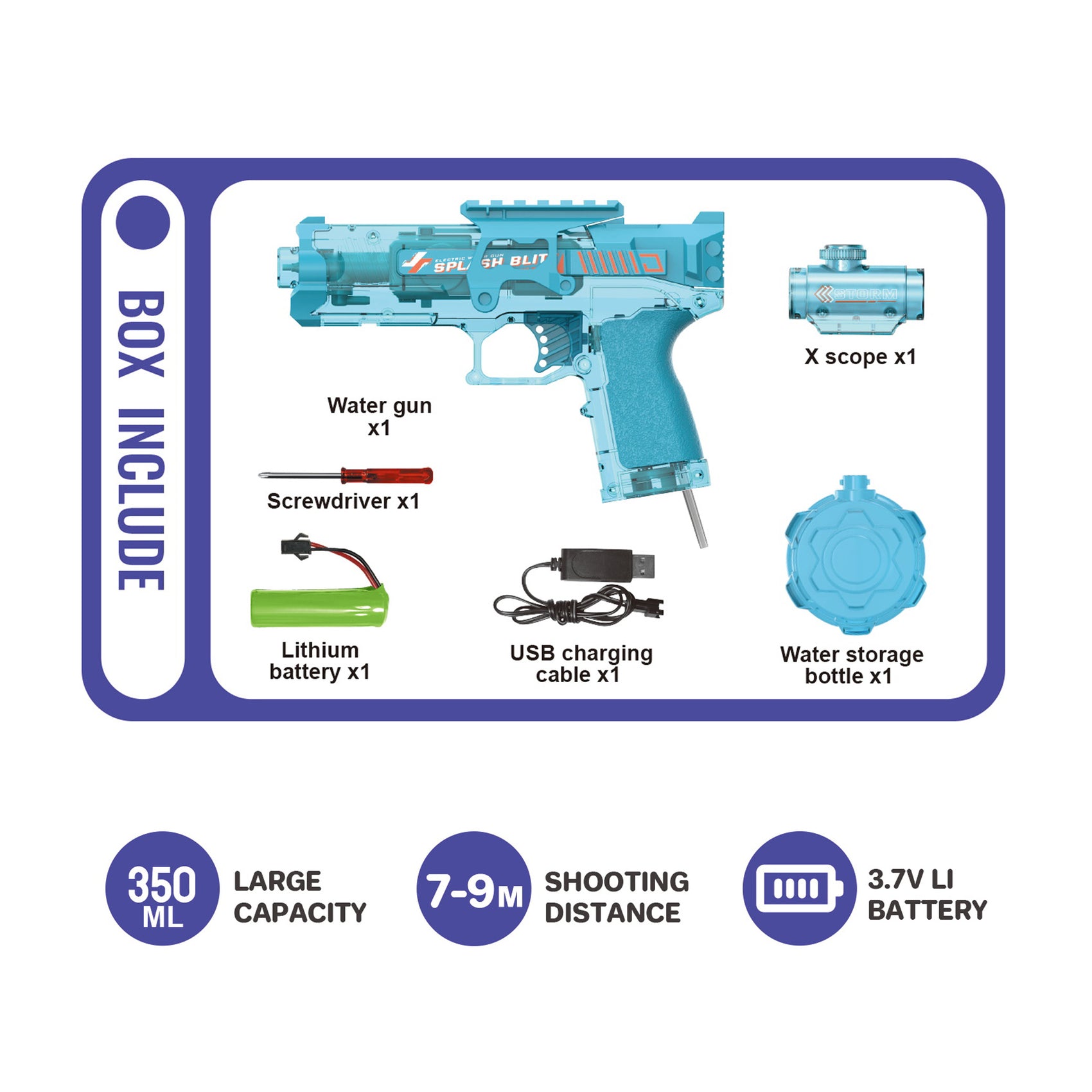 Wiederaufladbare automatische elektrische Wasserpistole, blau, 350 ml, 9 m Reichweite, mit Lichtern für Kinder und Erwachsene