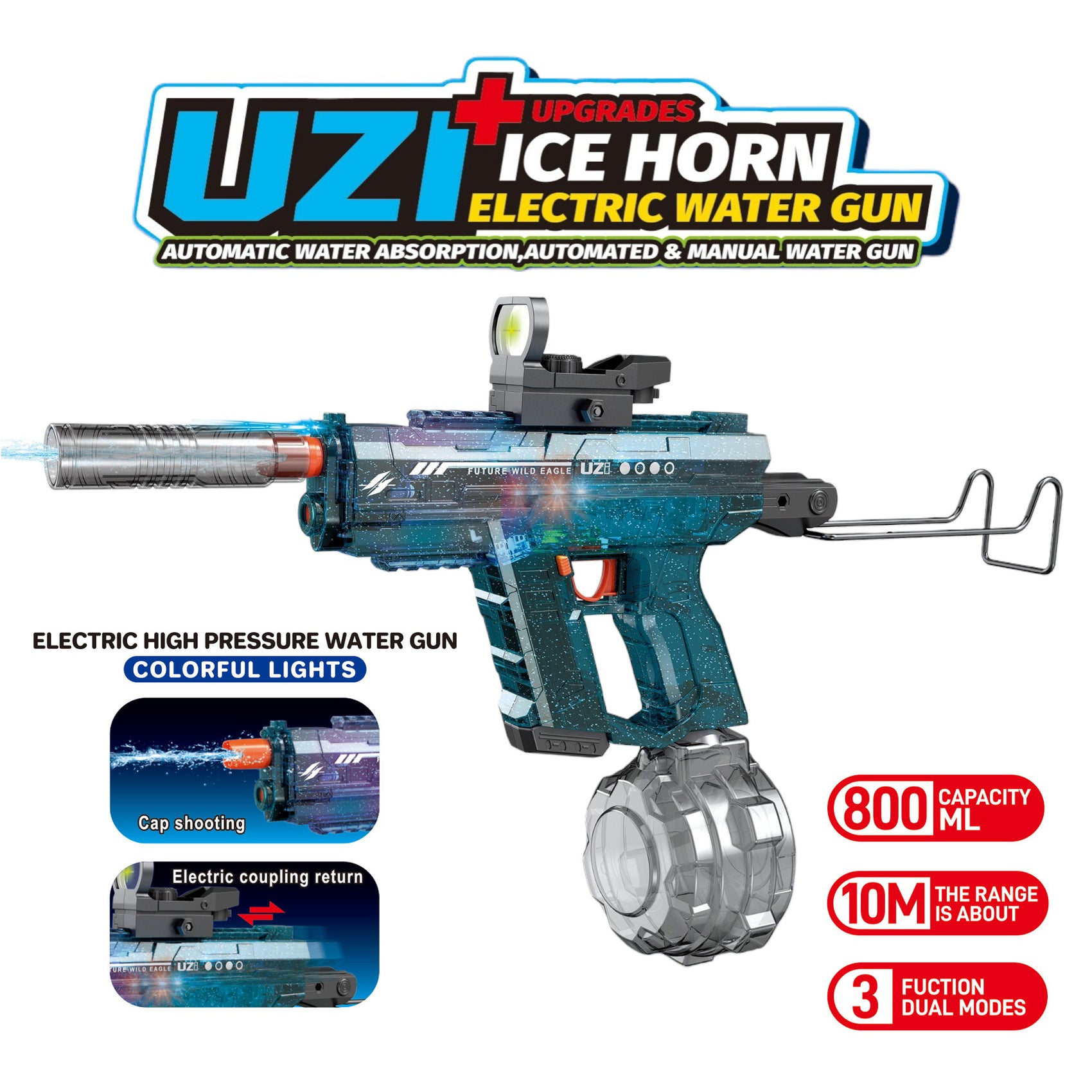 UZI Automatische, wiederaufladbare elektrische Wasserpistole, Blau, 800 ml, 10 m Reichweite, mit Lichtern für Kinder und Erwachsene