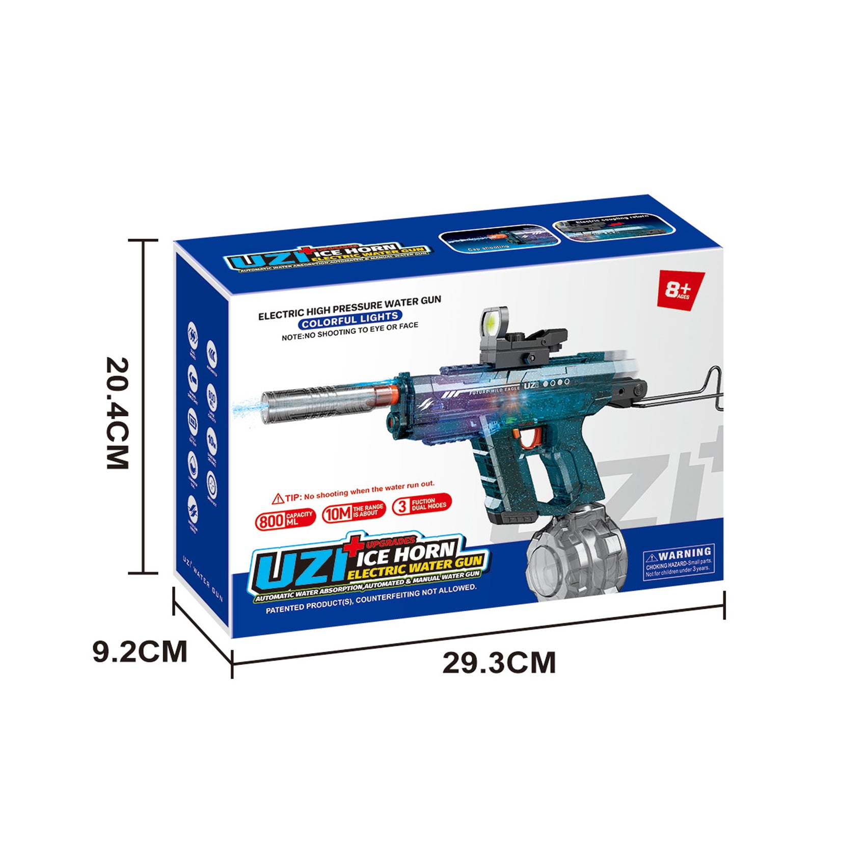 UZI Automatische, wiederaufladbare elektrische Wasserpistole, Blau, 800 ml, 10 m Reichweite, mit Lichtern für Kinder und Erwachsene