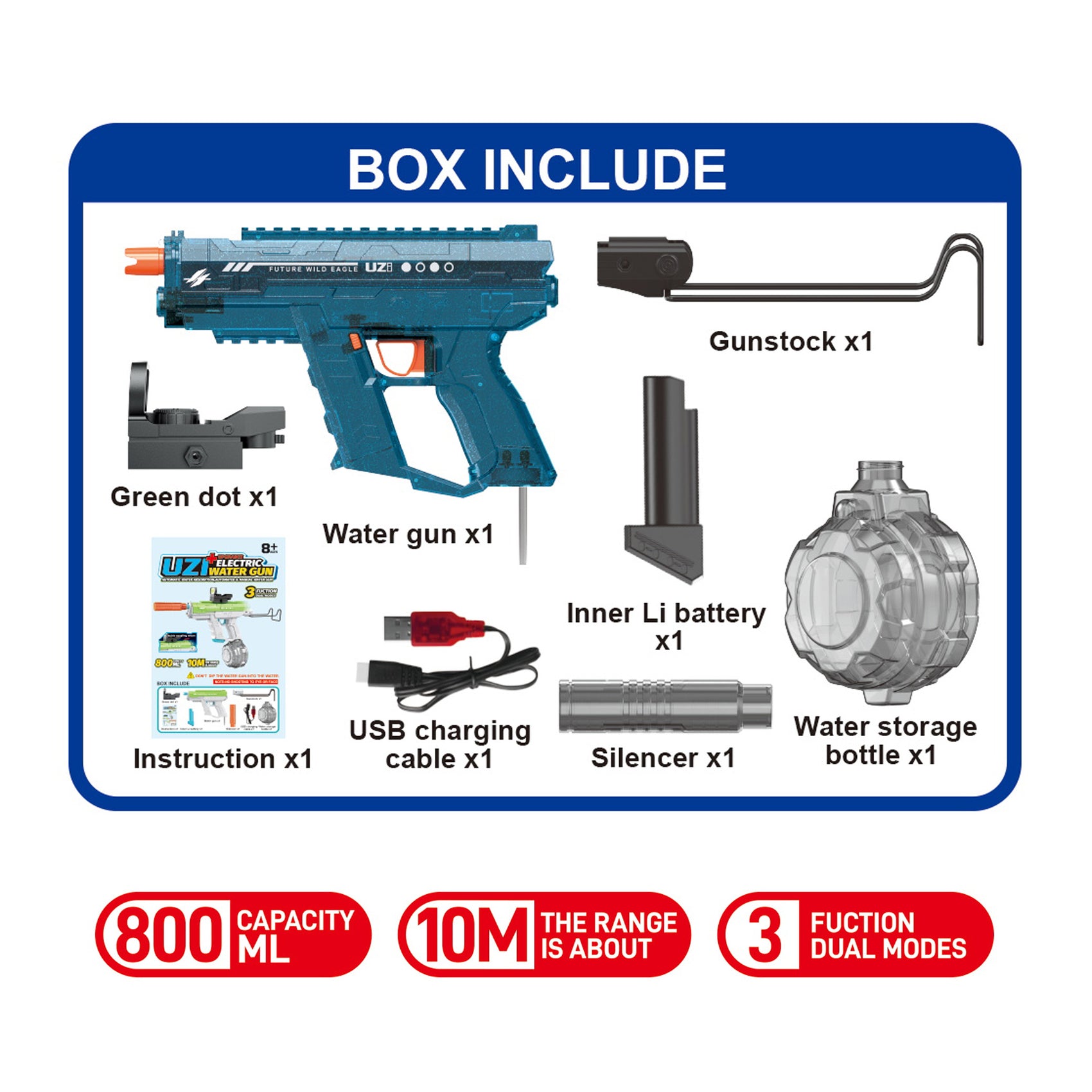 UZI Automatische, wiederaufladbare elektrische Wasserpistole, Blau, 800 ml, 10 m Reichweite, mit Lichtern für Kinder und Erwachsene