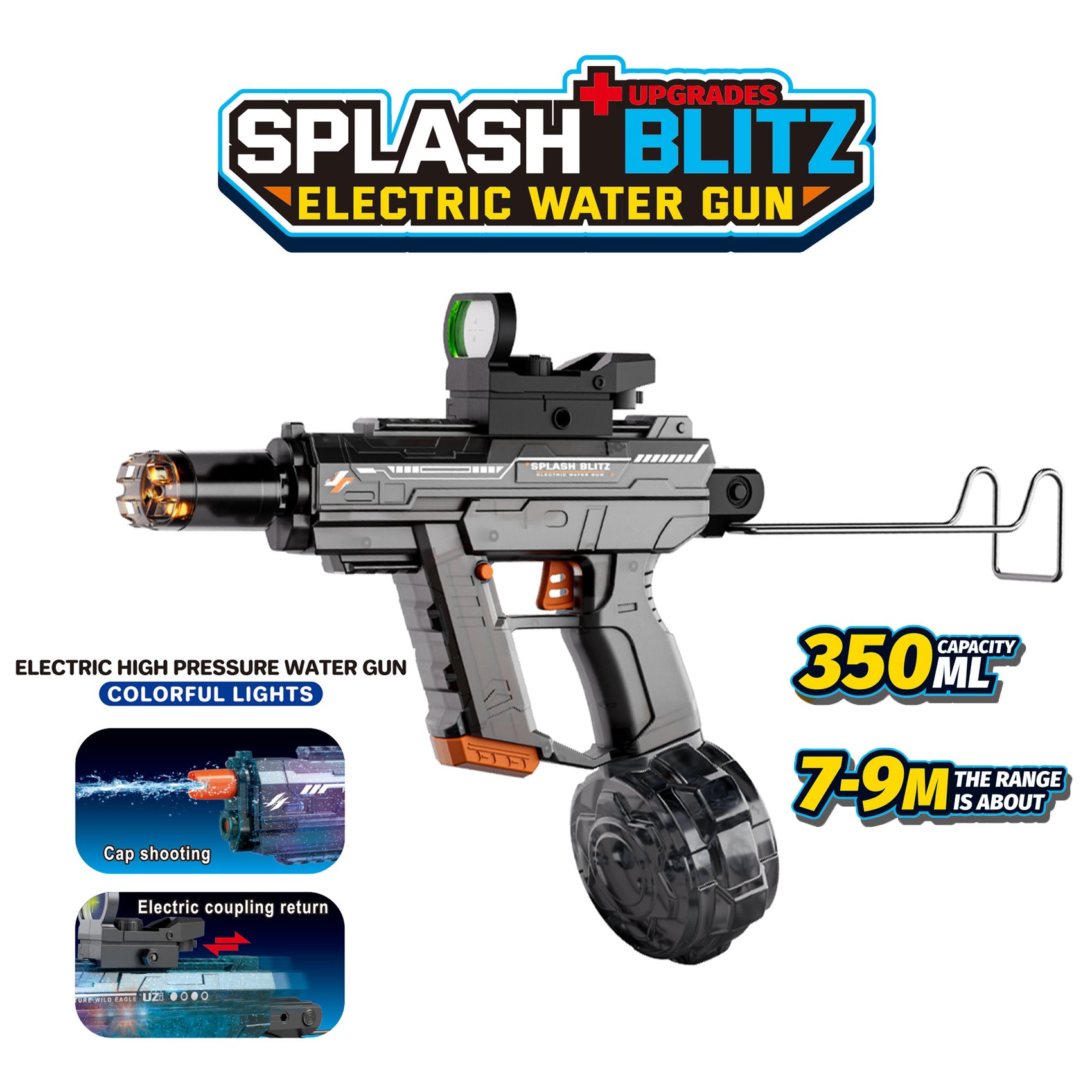 Wiederaufladbare automatische elektrische Wasserpistole von UZI, Grau, 350 ml, 9 m Reichweite, mit Beleuchtung für Kinder und Erwachsene