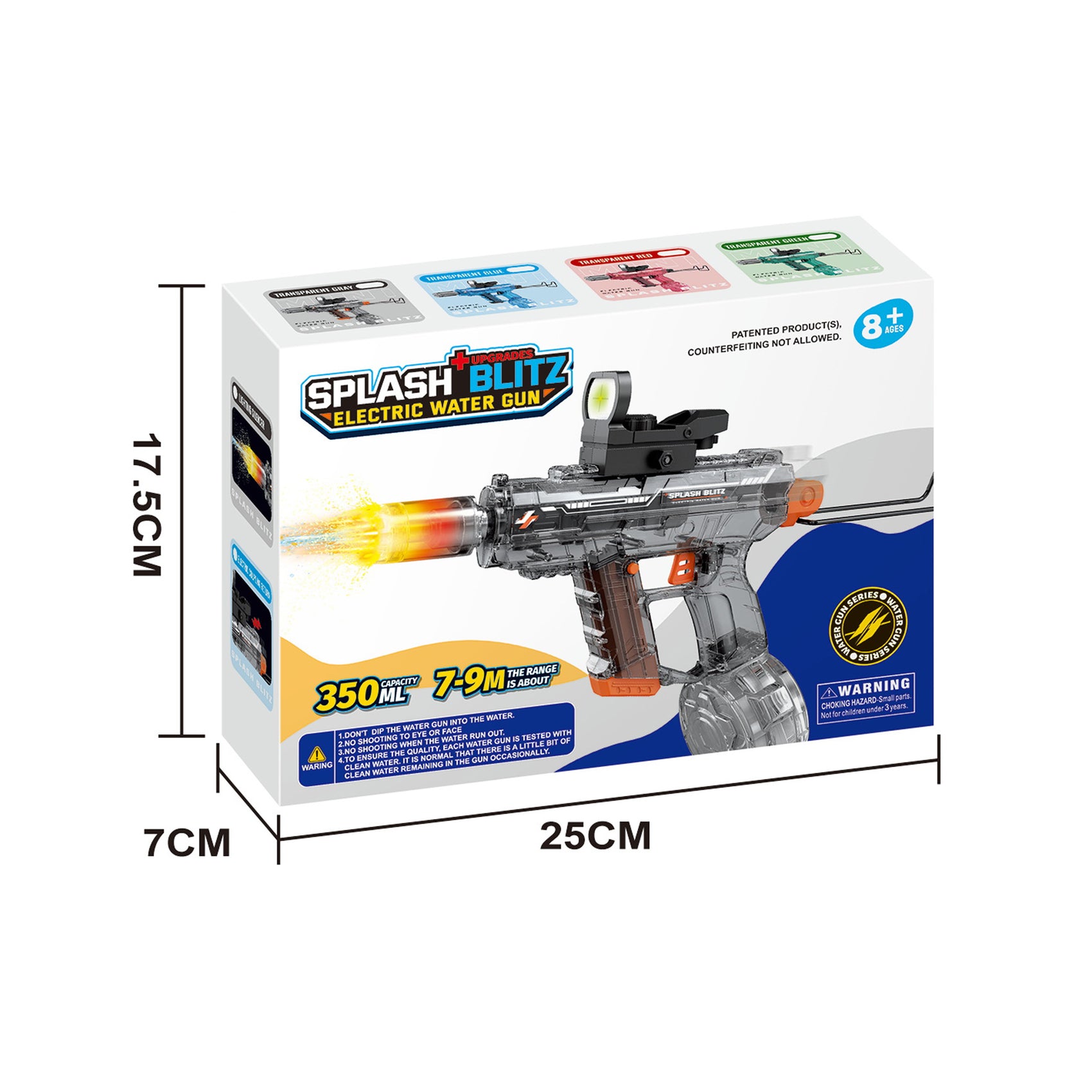 Wiederaufladbare automatische elektrische Wasserpistole von UZI, Grau, 350 ml, 9 m Reichweite, mit Beleuchtung für Kinder und Erwachsene