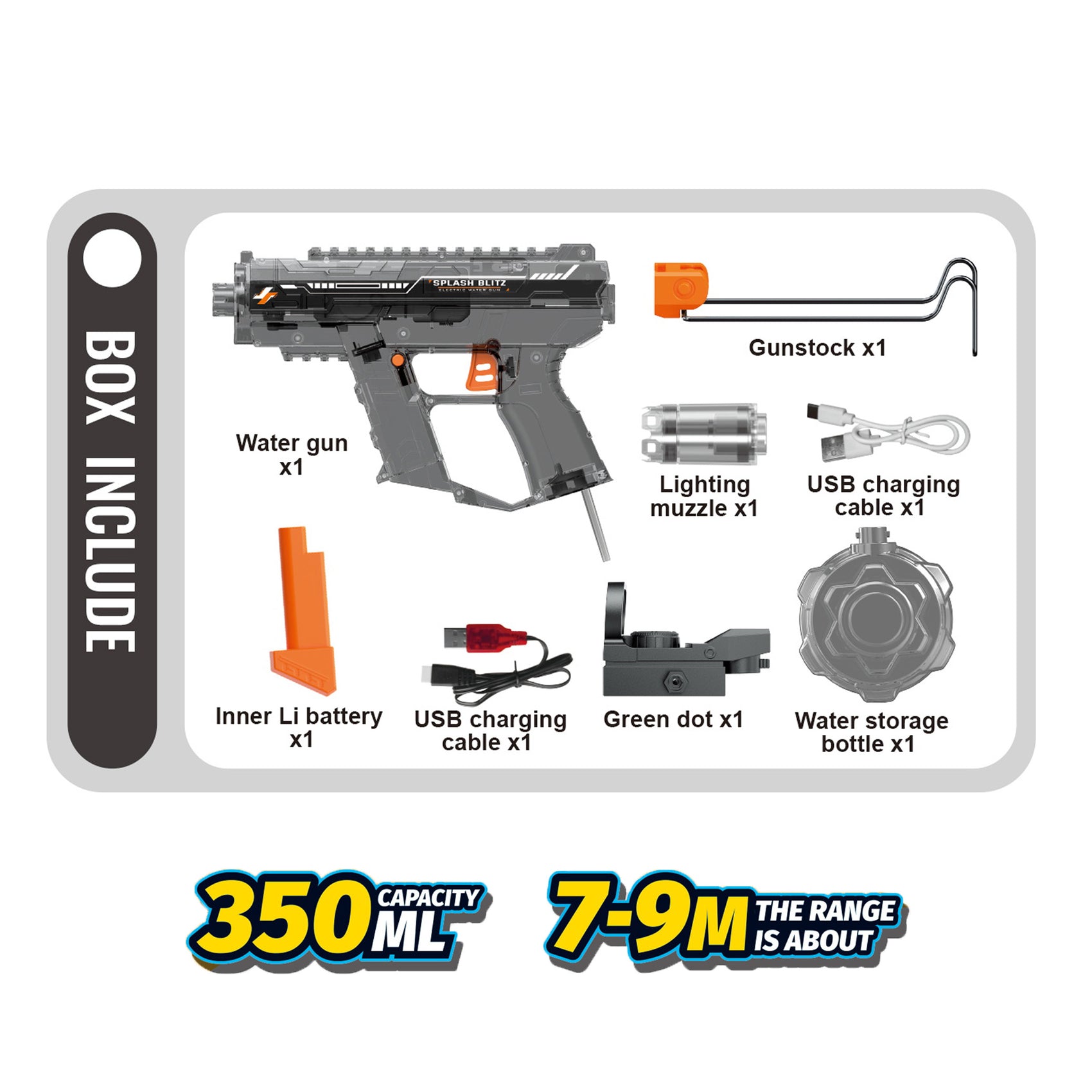 Wiederaufladbare automatische elektrische Wasserpistole von UZI, Grau, 350 ml, 9 m Reichweite, mit Beleuchtung für Kinder und Erwachsene