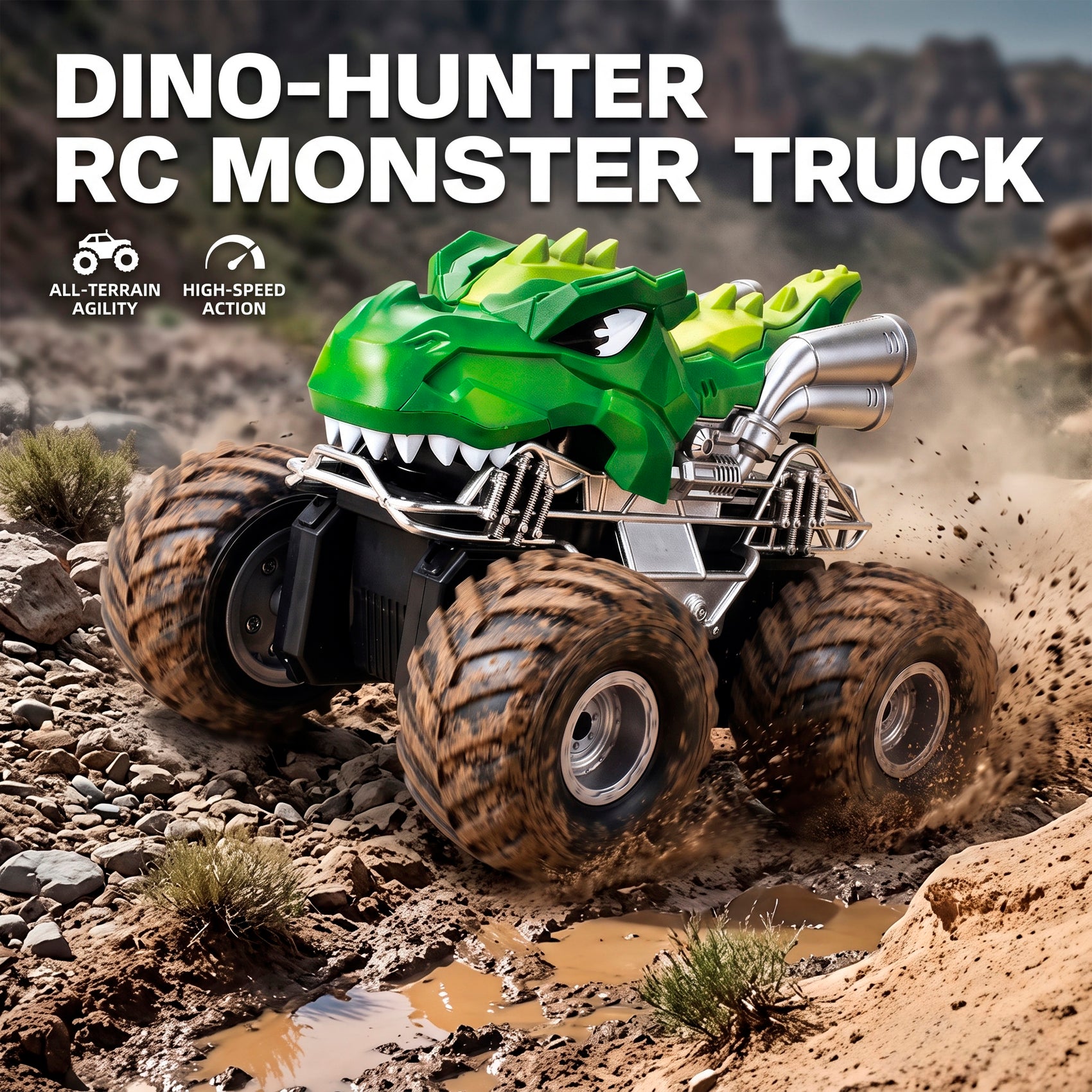 Coche Teledirigido 4x4 Diseño Dinosaurio Monster Truck Radiocontrol Todoterreno con Batería Recargable para Niños y Adultos