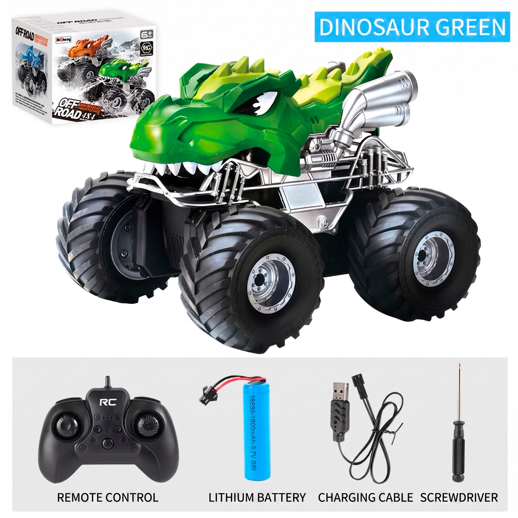 Coche Teledirigido 4x4 Diseño Dinosaurio Monster Truck Radiocontrol Todoterreno con Batería Recargable para Niños y Adultos