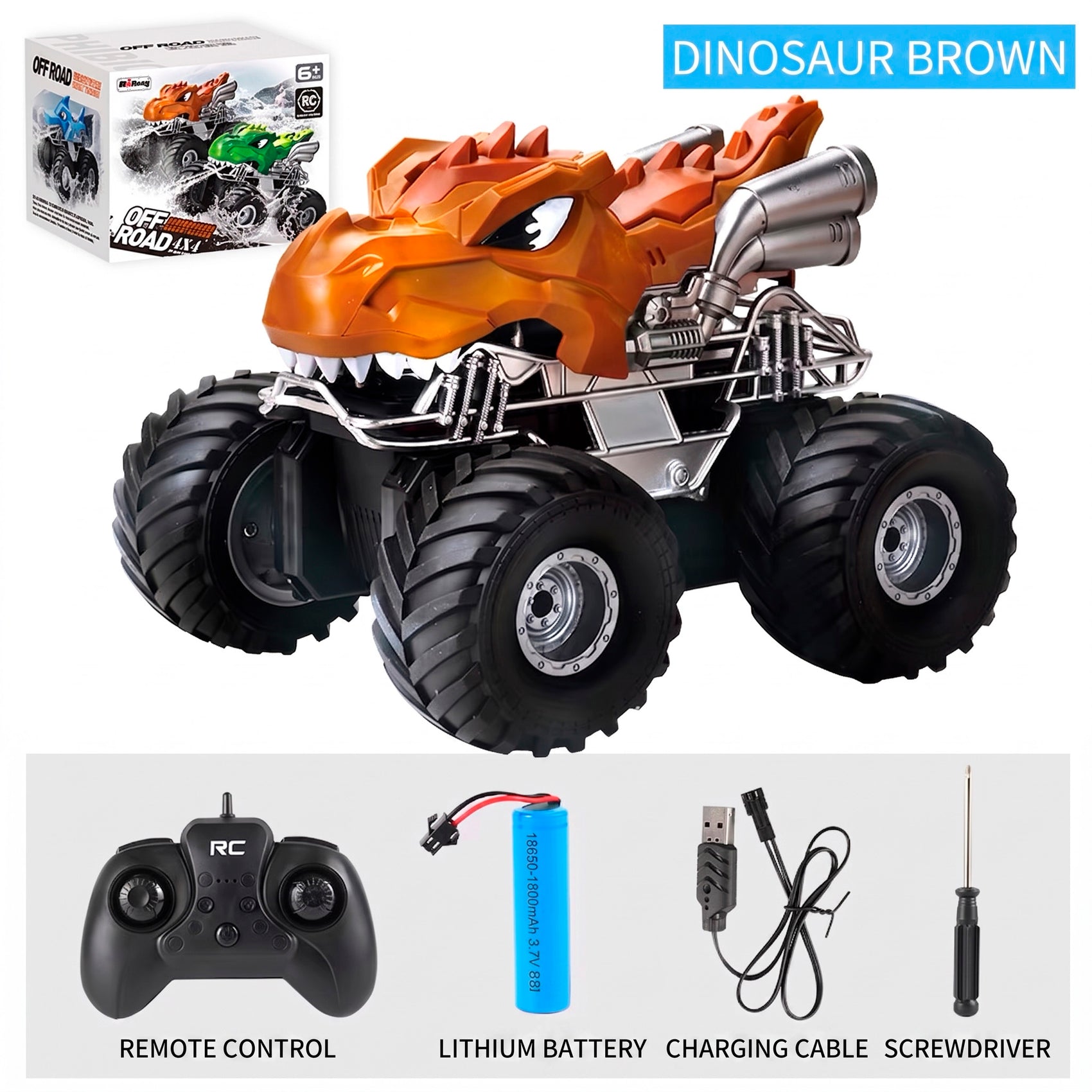 Coche Teledirigido 4x4 Diseño Dinosaurio Monster Truck Radiocontrol Todoterreno con Batería Recargable para Niños y Adultos