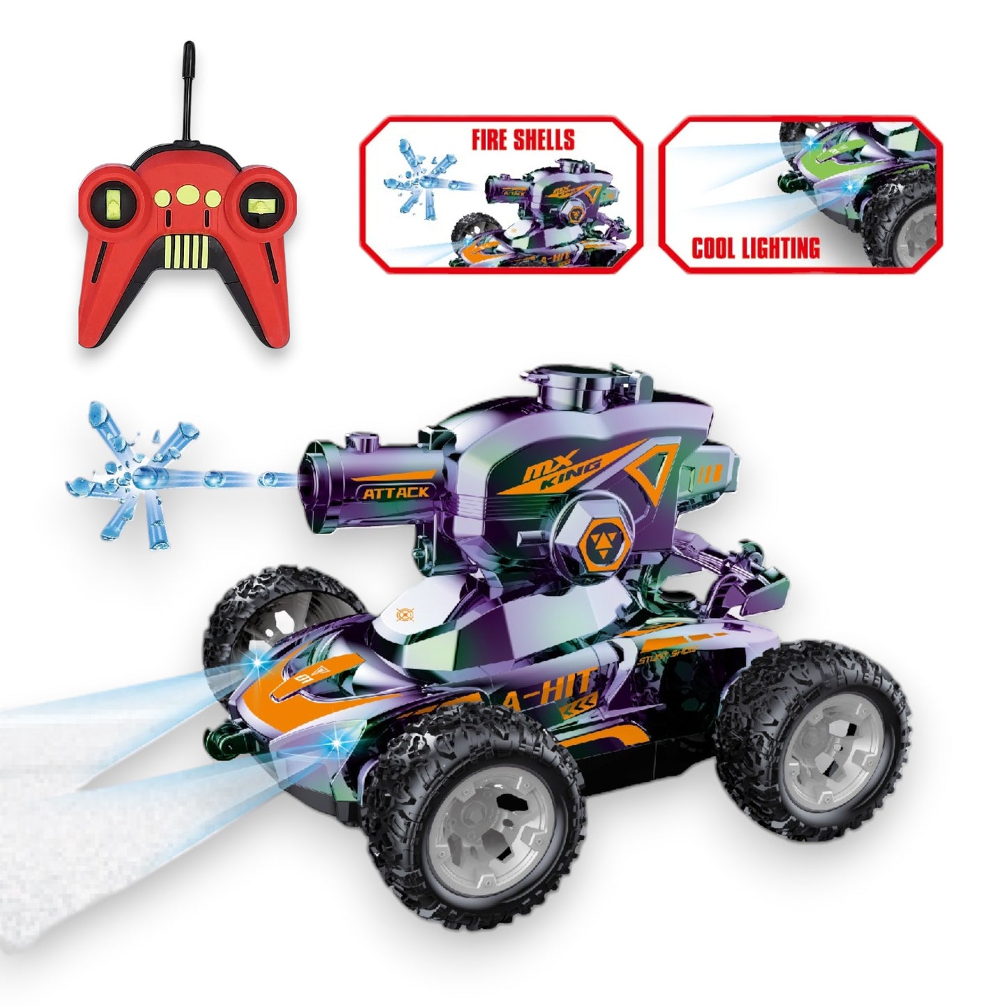 Remote-controlled gel ball launcher car with lights and sounds, 1:18 scale