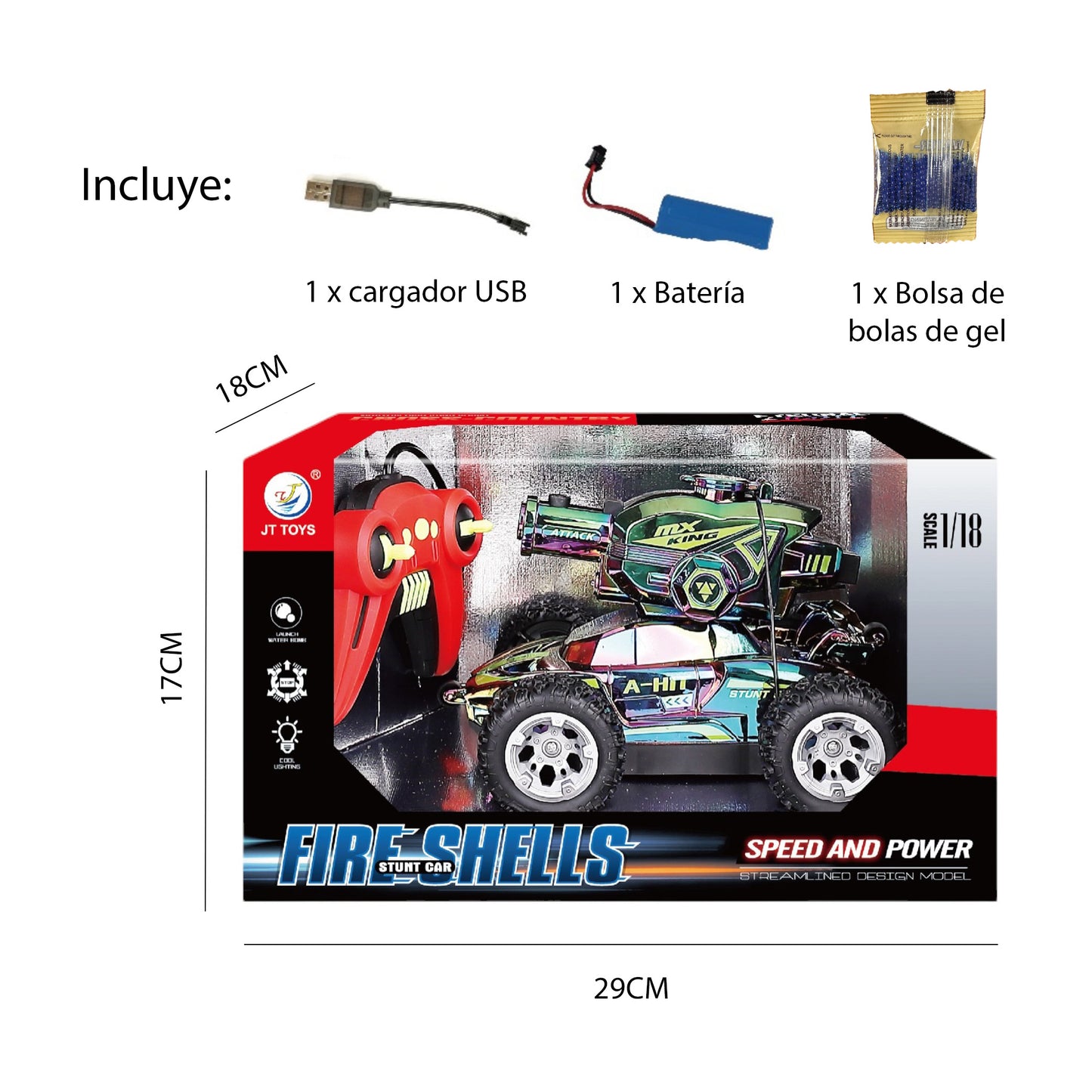 Remote-controlled gel ball launcher car with lights and sounds, 1:18 scale