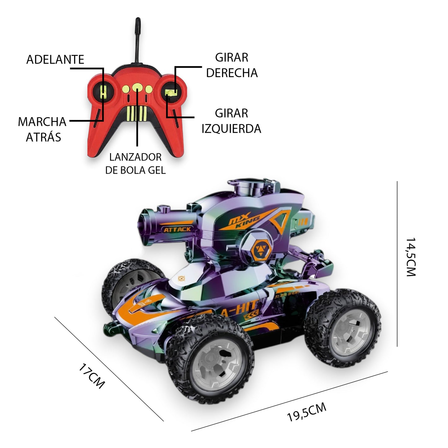 Remote-controlled gel ball launcher car with lights and sounds, 1:18 scale