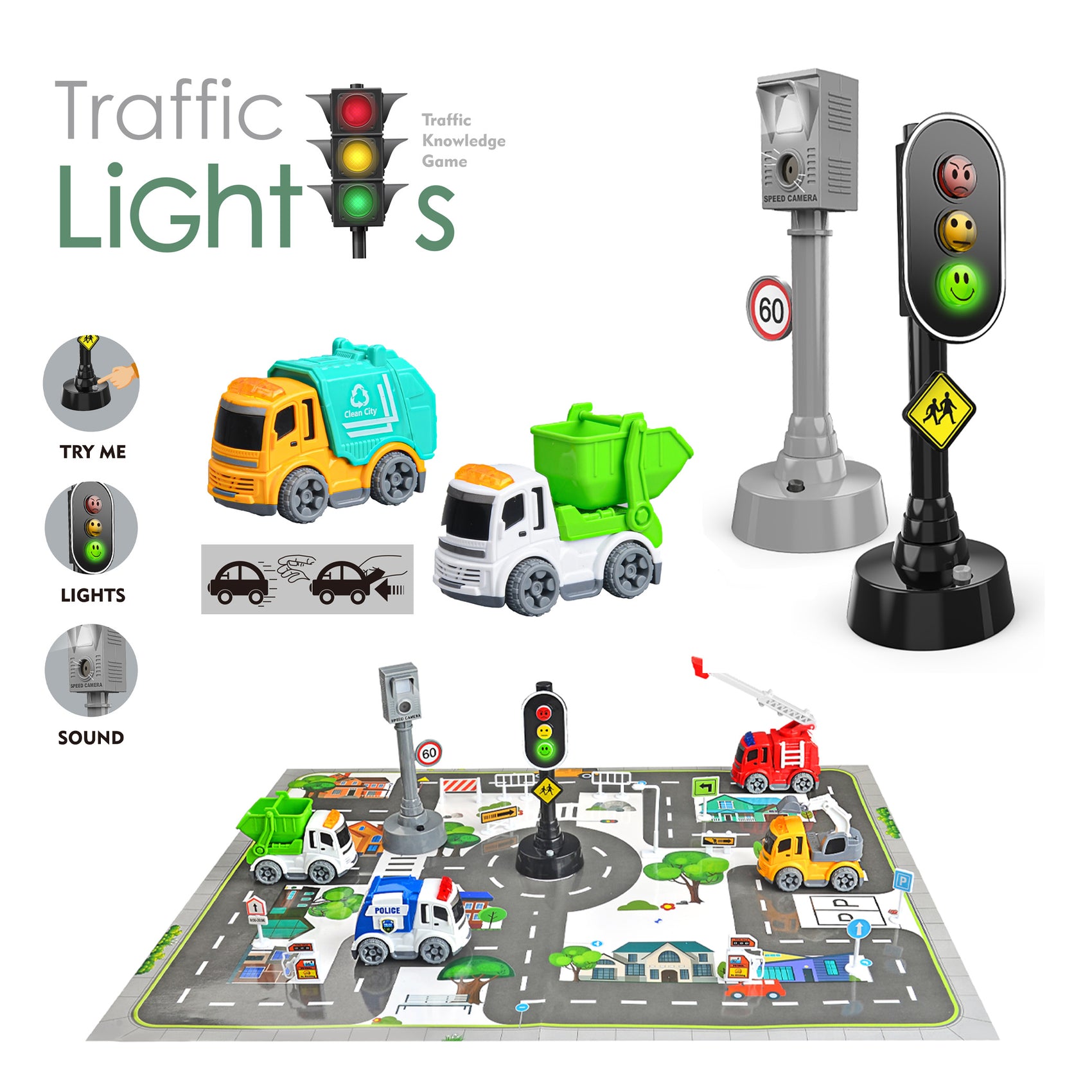 Set Juego de Tráfico Interactivo con Semáforo Cámara de Velocidad con Luces y Sonidos Coches Camiones y 13 señales de tráfico