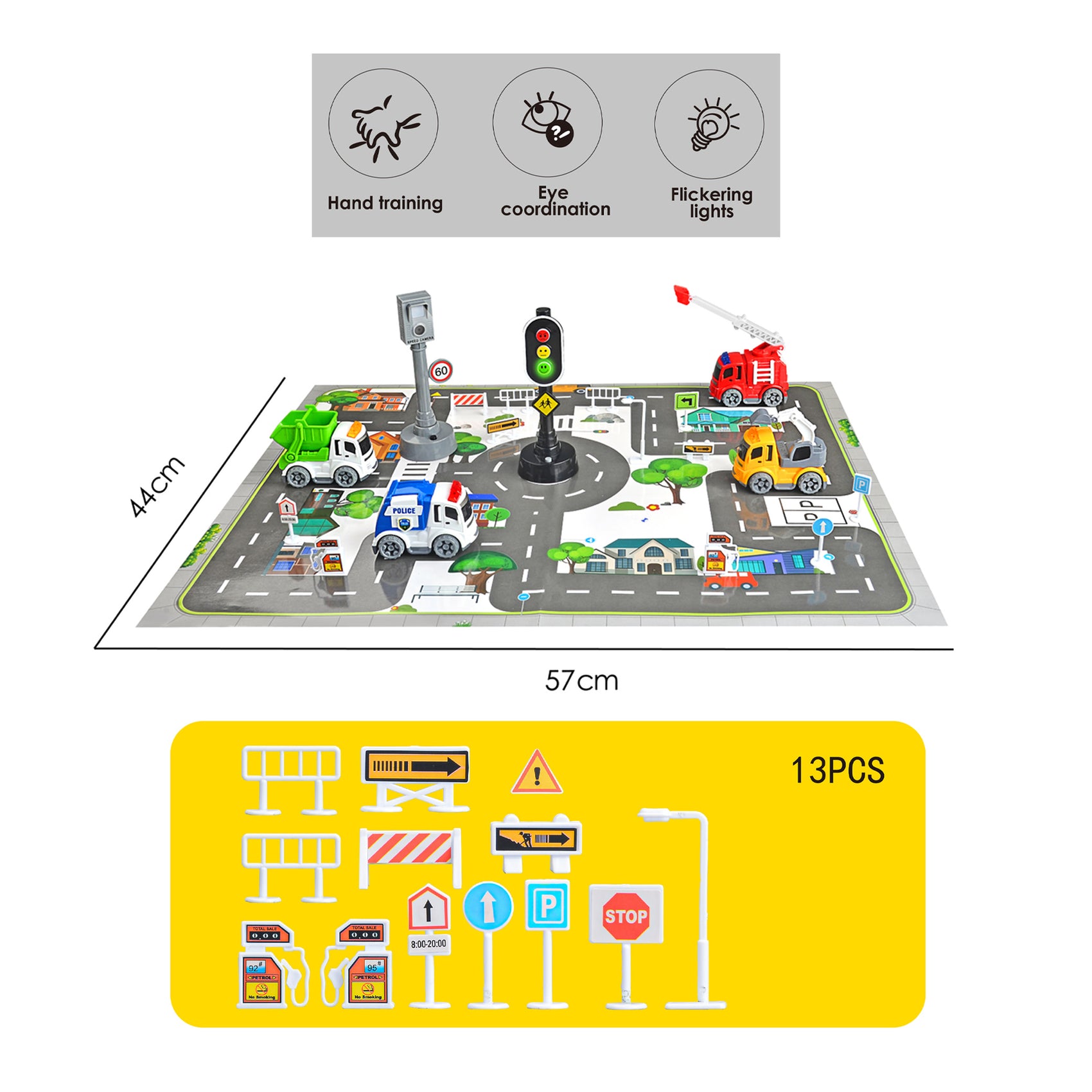 Set Juego de Tráfico Interactivo con Semáforo Cámara de Velocidad con Luces y Sonidos Coches Camiones y 13 señales de tráfico