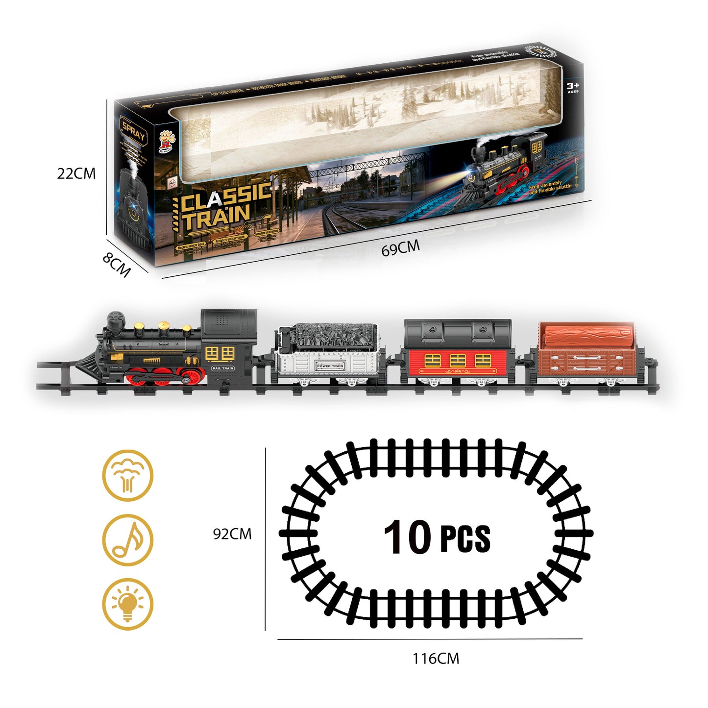 TREN DE VAPOR CLASICO CON TRES VAGONES Y RAILES