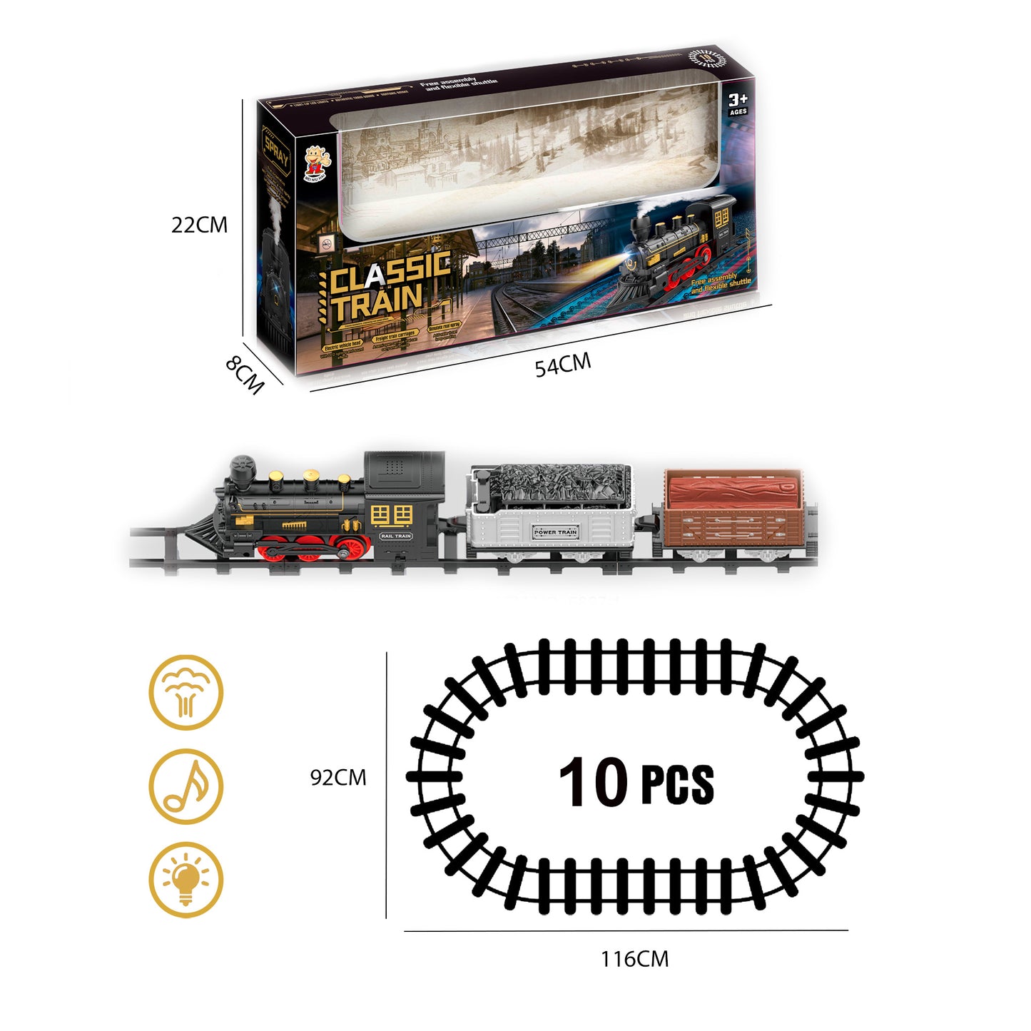 TREN DE VAPOR CLASICO CON DOS VAGONES Y RAILES